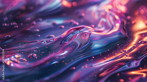 A close-up of a colorful liquid with hues of purple, blue, and orange. The liquid appears to be in motion, with swirls and droplets creating a dynamic texture.
