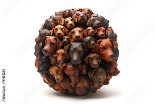 Drewniana okrągła rzeźba z głowami psów