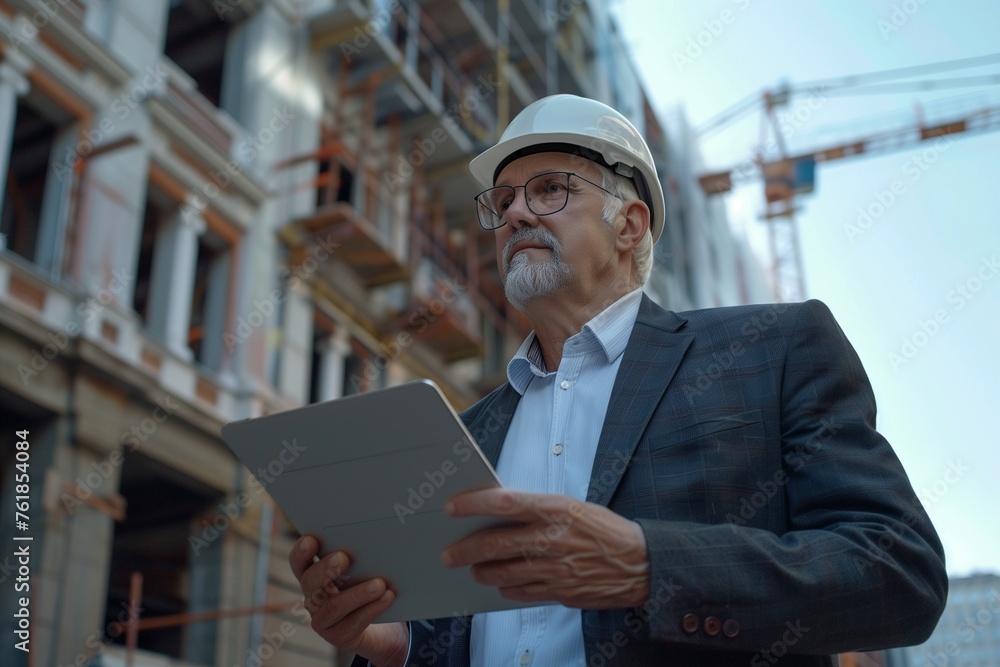 senior businessman architect helmet construction site building architecture tablet computer protective workwear blueprint plan senior businessman architect helmet construction site building architecture tablet computer protective workwear blueprint plan
