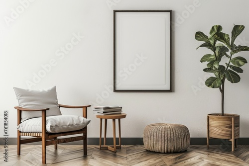 Modern Scandinavian living room with design armchair black poster frame commode wooden stool book decoration loft wall and personal accessories in stylish home photo