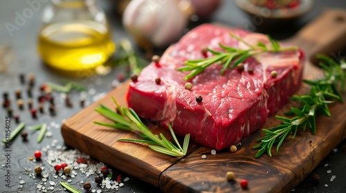 Fresh raw beef steak with herbs and spices