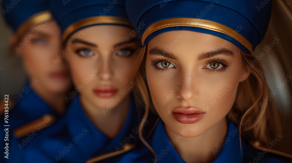 The elegance of stewardesses in diverse uniforms across dynamic settings. From vintage charm to futuristic chic, each portrait blends fashion, professionalism, and vibrant contrasts. The elegance of stewardesses in diverse uniforms across dynamic settings. From vintage charm to futuristic chic, each portrait blends fashion, professionalism, and vibrant contrasts.