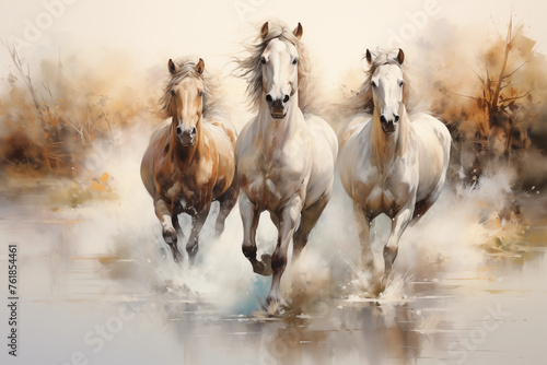 Artistic representation of three powerful horses running through water with dynamic brushstrokes