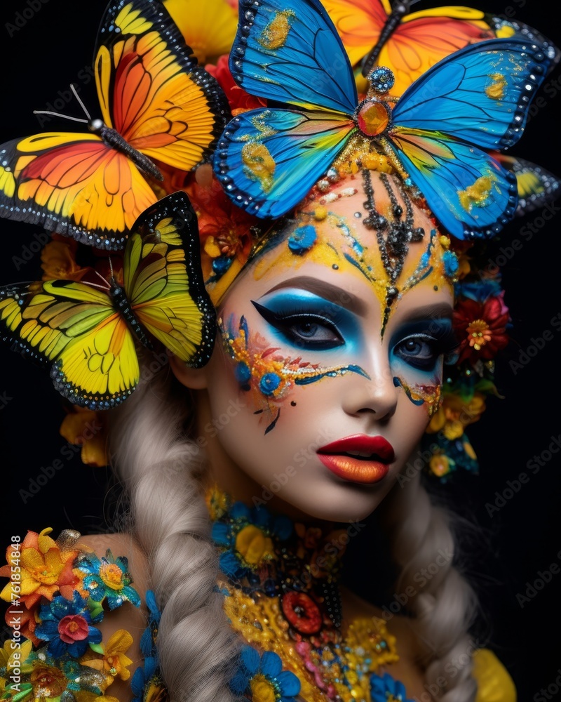 Fantasy beauty photography of model in butterfly image, face painting, bright colors makeup