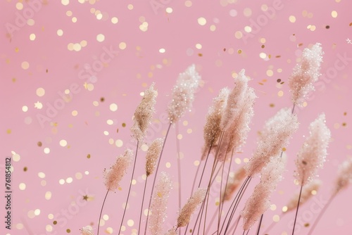 Pink background with dried bunny tail grass and gold star glitter confetti, copy space, advertising background © Straxer