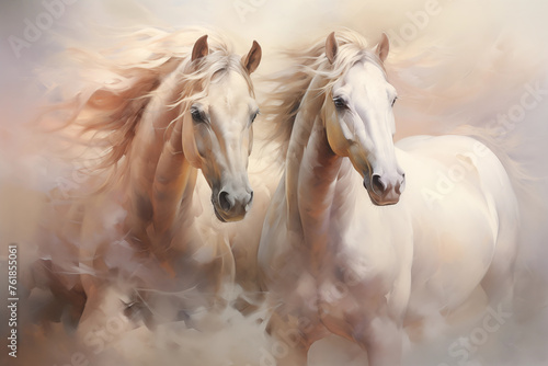 Digital painting of two beautiful horses with flowing manes