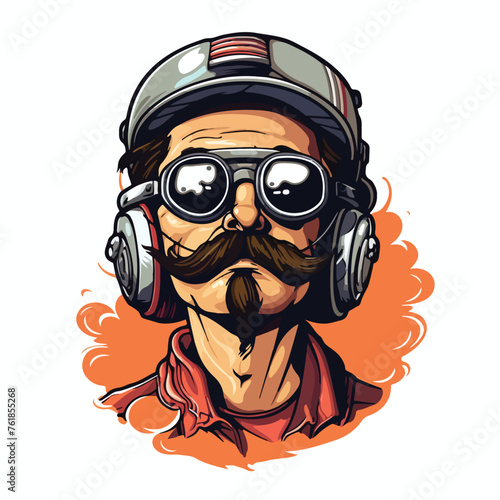 Mustache man wearing helmet and smoking pipe 