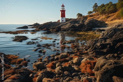 A red and white lighthouse stands tall on a rugged cliff by the waters edge