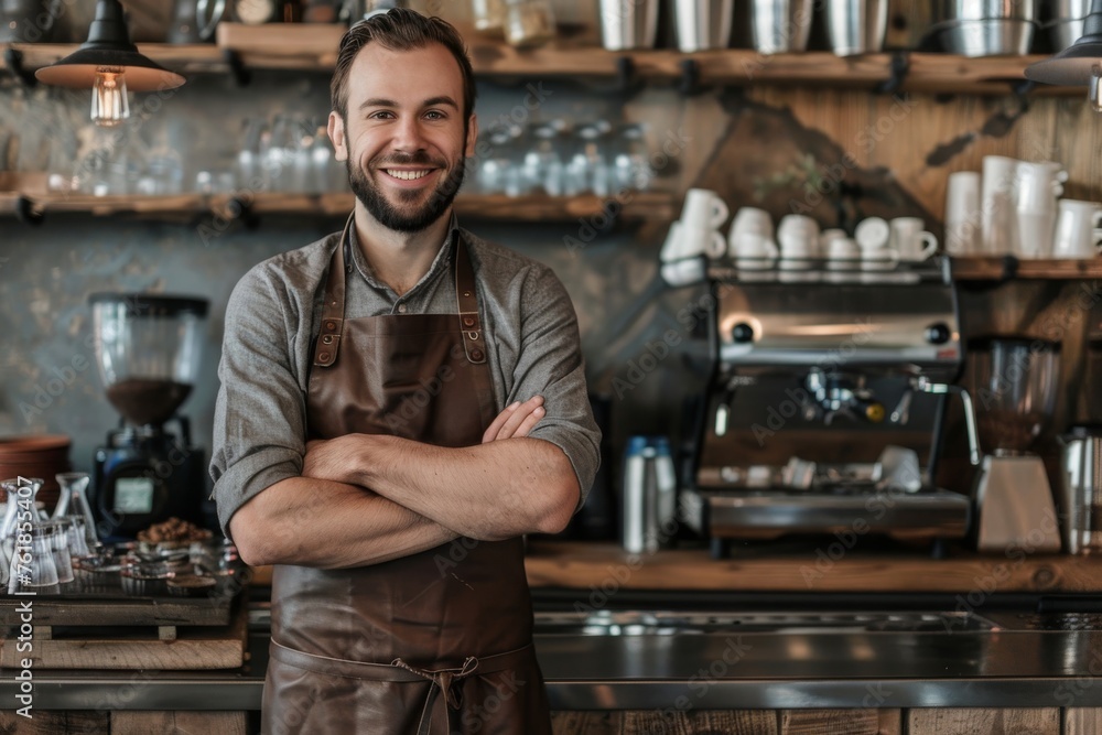 Relaxed but professional adult Caucasian male barista standing behind the counter with his arms crossed. He is smiling at the camera. Relaxed but professional adult Caucasian male barista standing behind the counter with his arms crossed. He is smiling at the camera.