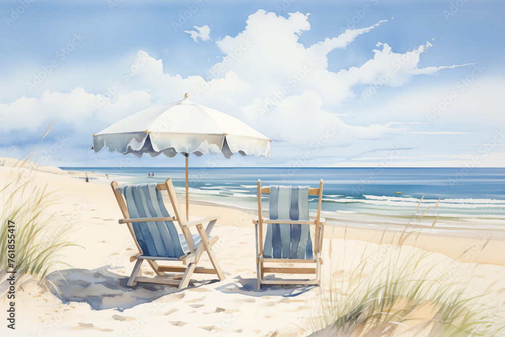 Fototapeta premium Serene beach setting with umbrella and chairs