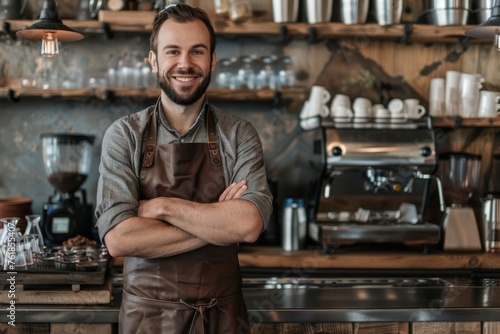 Relaxed but professional adult Caucasian male barista standing behind the counter with his arms crossed. He is smiling at the camera. 