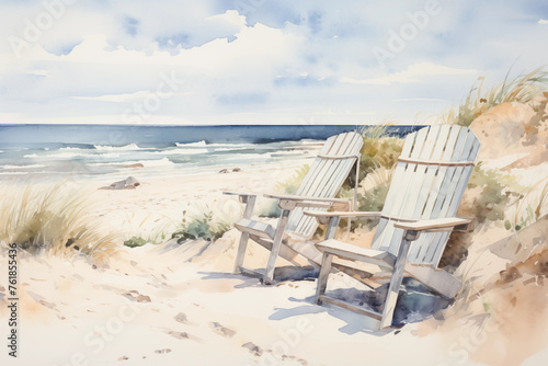 Watercolor painting of two adirondack chairs by a serene beach with waves and dunes photo