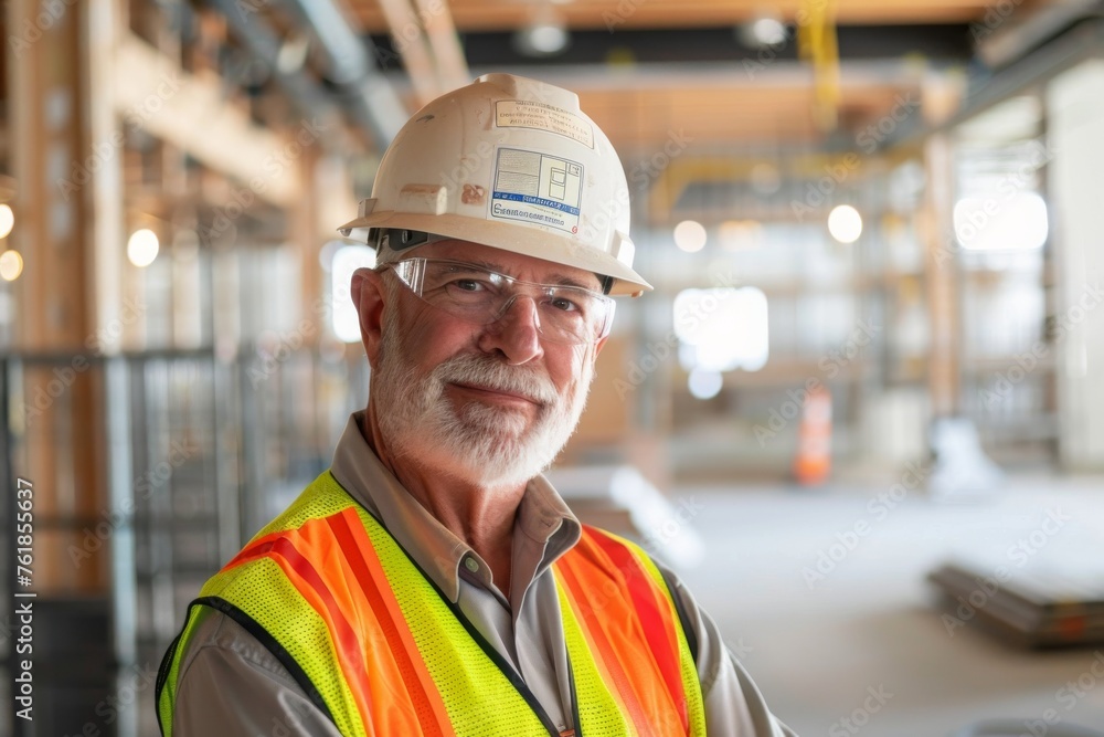 Senior White male construction employee working indoors. He is wearing a hardhat and a reflective vest. Senior White male construction employee working indoors. He is wearing a hardhat and a reflective vest.