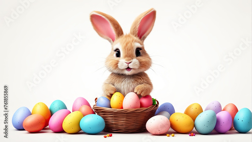 A cute Easter bunny with a basket of eggs and spring flowers is an illustration of a children character on a white background, a traditional holiday card.  © Ольга Симонова