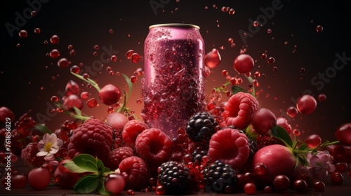 Soda Can Surrounded by Berries and Raspberries