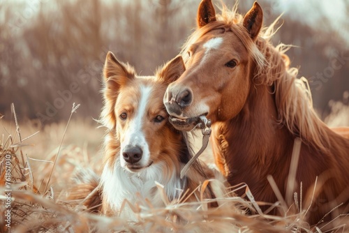 Red border collie dog and horse stock