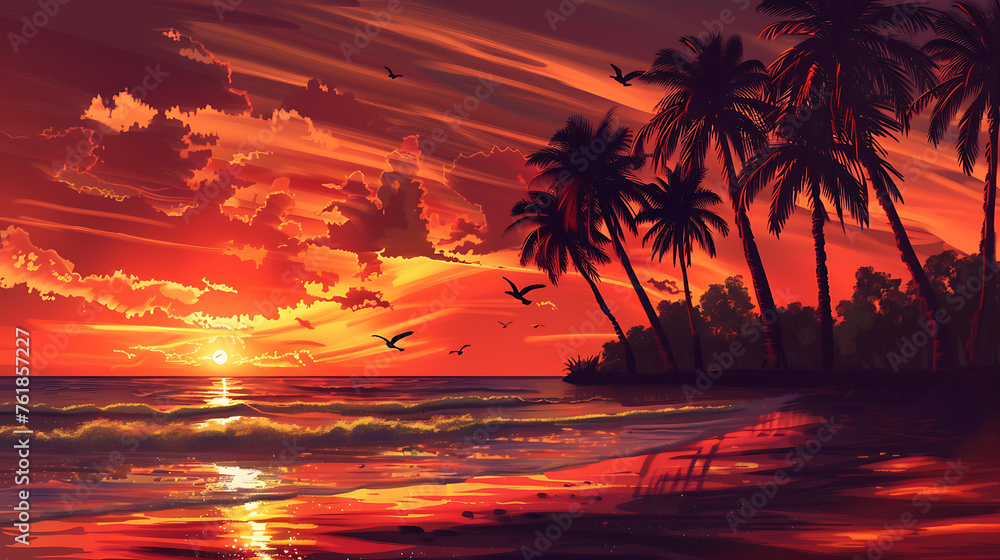 A magical sunset landscape with towering palm trees silhouetted against the fiery sky,