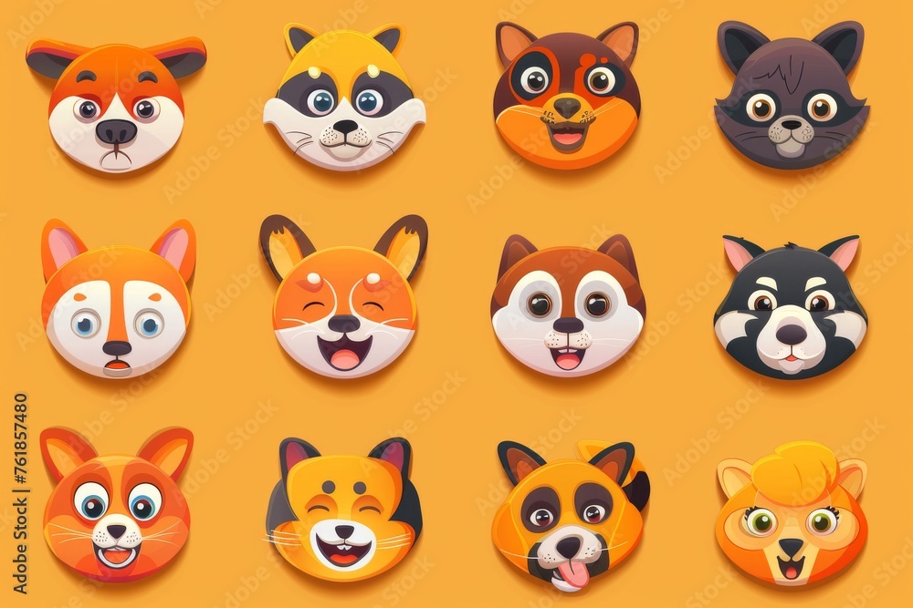 Fototapeta premium Set of animal faces, face emojis, stickers, emoticons stock illustration