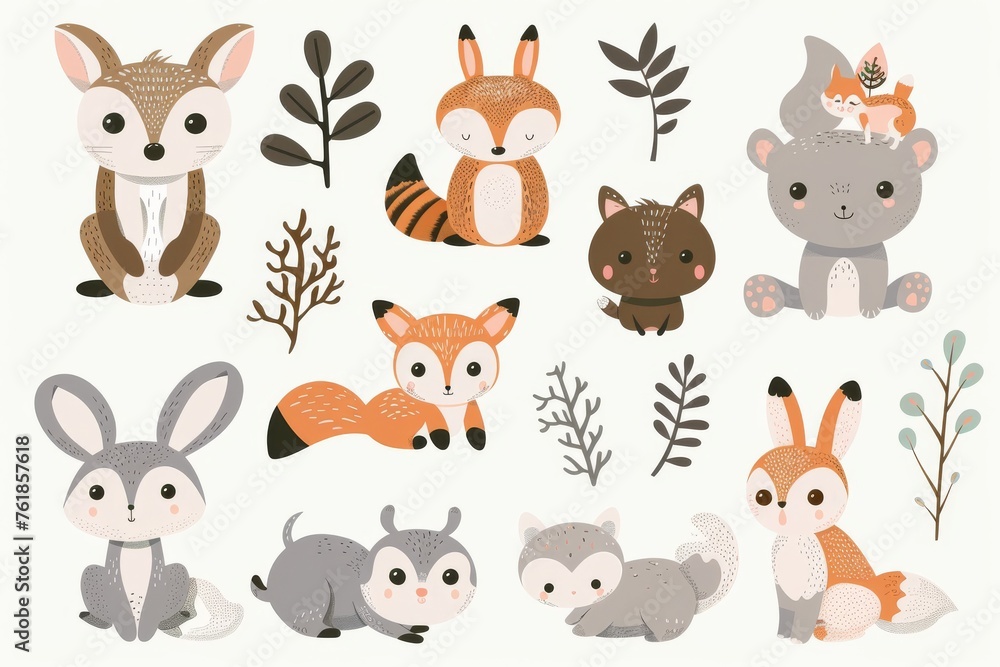 Set of cute designer animals on white background. Vector illustration for printing on fabric, postcard, wrapping paper, book, picture, Wallpaper. Cute baby background. stock illustration