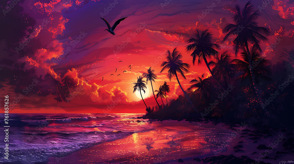 A magical sunset landscape with towering palm trees silhouetted against the fiery sky,