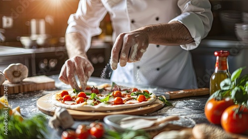 Make a pizza. male chef preparing pizza in professional modern kitchen background, close up, local food, traditional Italian pizza, handmade whole foods. Banner pizza photo