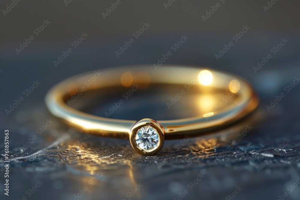 Gold ring with diamond on stone surface Gold ring with diamond on stone surface