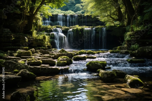 Waterfall in forest surrounded by trees and rocks, part of natural landscape © Yuchen Dong