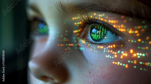 Close up of girl's eye with digital reflections showing a child in digital age. Visualisation of children and technology, impact of social media and internet safety.
