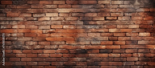 A close up of a brown brick wall with intricate brickwork pattern, contrasting against a blurred background of wood and composite materials