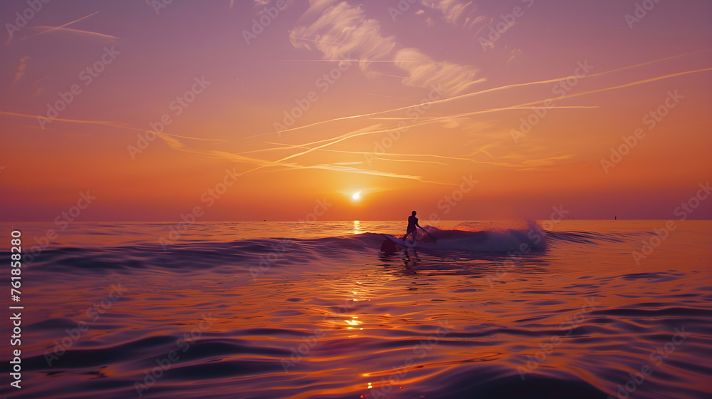 Dawn's First Light: An Early Morning Surfer Catching Waves Against a Breathtaking Sunrise