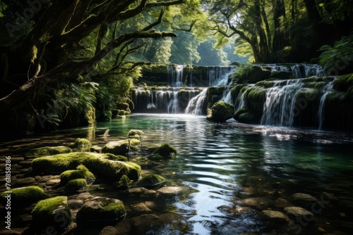 A waterfall in a forest surrounded by trees, blending with natures beauty © Yuchen Dong