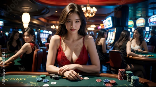 Beautiful and attractive woman gambling at the casino.