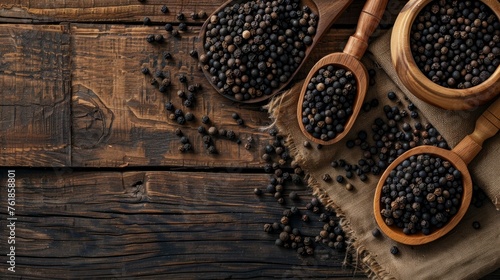 Unripe drupes of fresh black pepper flatlay on brown wood backgound four bunches one wooden bowl and spatula filled with grains