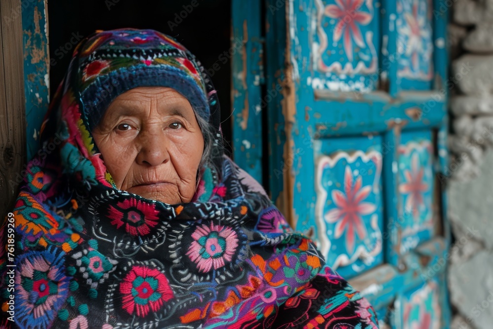 Woman in Colorful Scarf Looking Out of Window