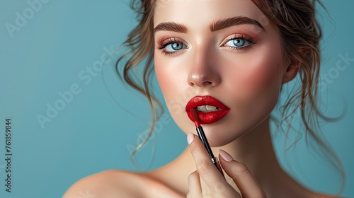 Portrait of a beautiful young woman applying red lip colors to her cute pout lips with a luxury red lipstick isolated on pastel background, with copy space, close up. cosmetic