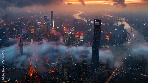 Observing Shanghai from above as the evening sets in