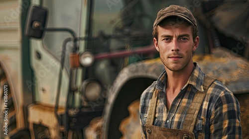Agriculture banner. Proud attractive confident male farmer standing in front of agricultural machinery.  © Ilmi