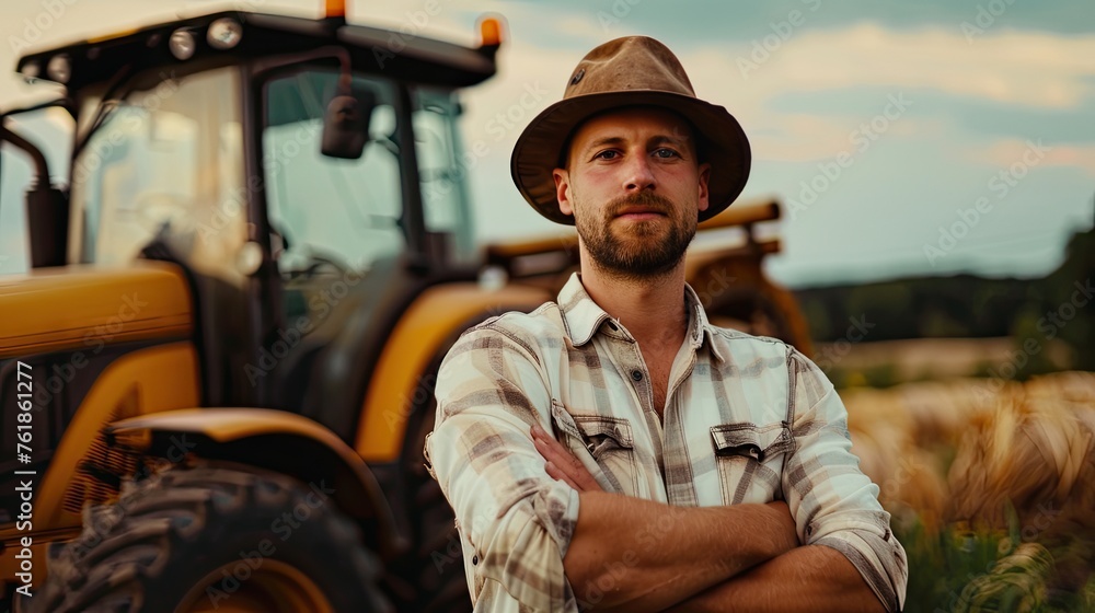 Agriculture banner. Proud attractive confident male farmer standing in front of agricultural machinery. Agriculture banner. Proud attractive confident male farmer standing in front of agricultural machinery.