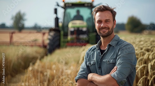 Agriculture banner. Proud attractive confident male farmer standing in front of agricultural machinery. 