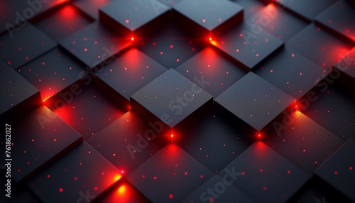 Abstract background with red lines on a dark gray metallic grid