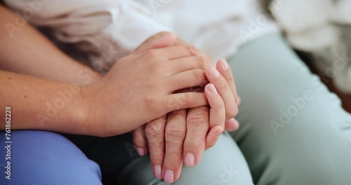 Senior care, support or closeup of caregiver holding hands with patient for healthcare, wellness or service. Empathy, love or nurse helping for comfort or elderly person for medical tips and nursing photo