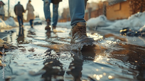 Group of People Walking Through Puddle