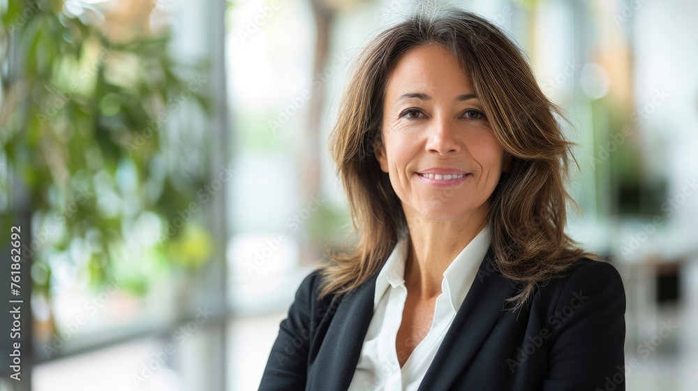That elegant middle-aged Latino professional, corporate leader, happy woman, manager, female executive wearing a suit stands in the office. That elegant middle-aged Latino professional, corporate leader, happy woman, manager, female executive wearing a suit stands in the office.
