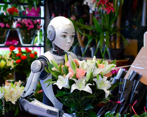 Humanoid robot in a flower shop, standing with a bouquet of royal lilies. Background is flower shop which has vases with white roses and other flowers on it. photo