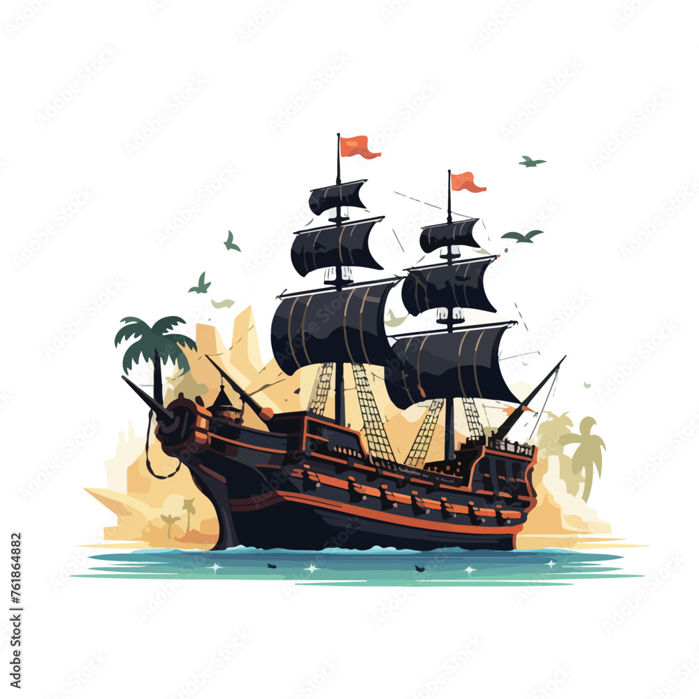 Pirate ship with cannon and black sails. flat vecto