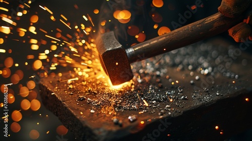 Close-up of a blacksmiths hammer mid-swing aimed at a glowing piece of metal on the anvil