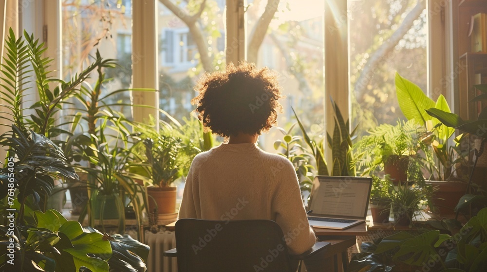 A candid lifestyle image capturing the essence of remote work featuring a person sitting in a well-lit A candid lifestyle image capturing the essence of remote work featuring a person sitting in a well-lit