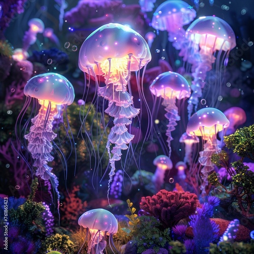 An enchanting underwater garden where squishy pastel-colored 3D cartoon jellyfish float among coral reefs