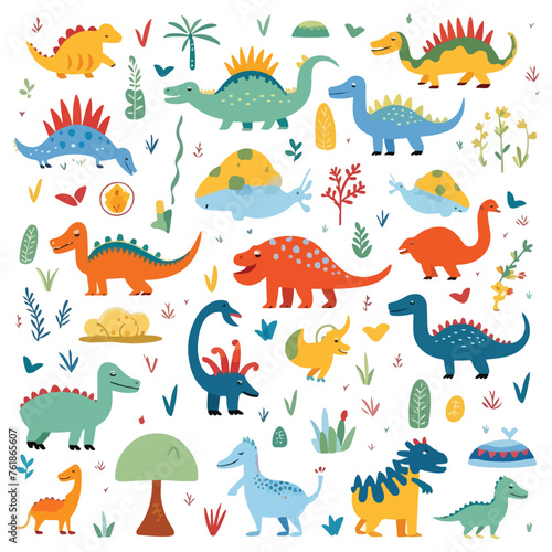 Playful dinosaurs and footprints pattern illustrati