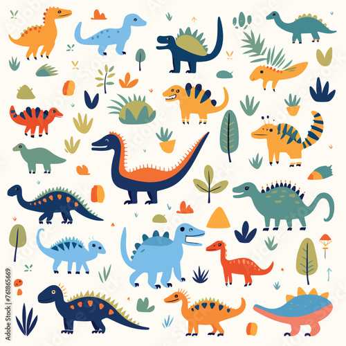 Playful dinosaurs and footprints pattern illustrati © Mishi